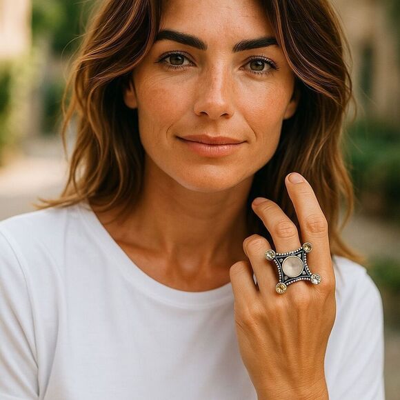 Celestial Rose Quartz Citrine Statement Ring – Handcrafted Elegance Size 7 New - Picture 7 of 7